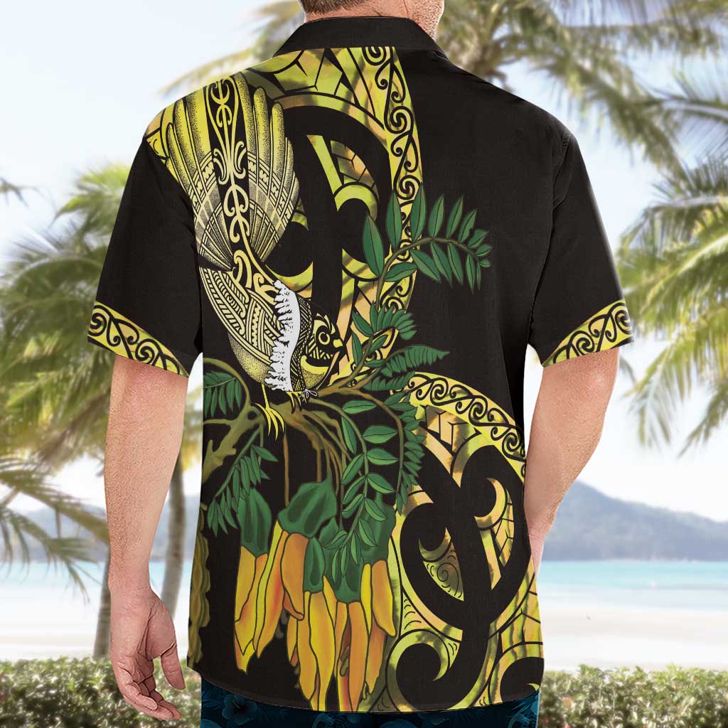 Yellow New Zealand Kowhai And Piwakawaka Hawaiian Shirt Maori Ngaru Paua Shell