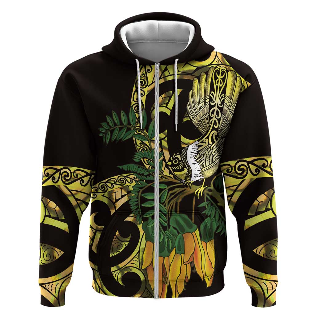 Yellow New Zealand Kowhai And Piwakawaka Hoodie Maori Ngaru Paua Shell
