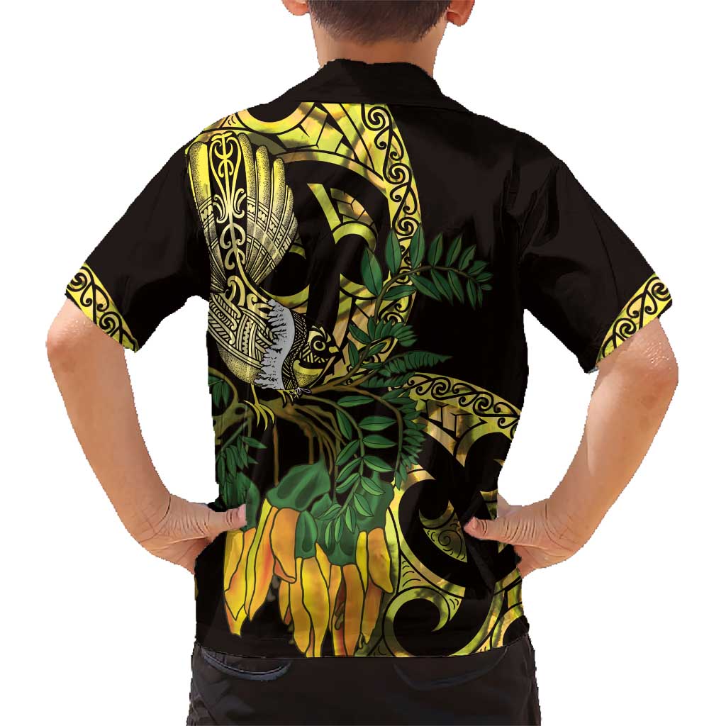 Yellow New Zealand Kowhai And Piwakawaka Kid Hawaiian Shirt Maori Ngaru Paua Shell