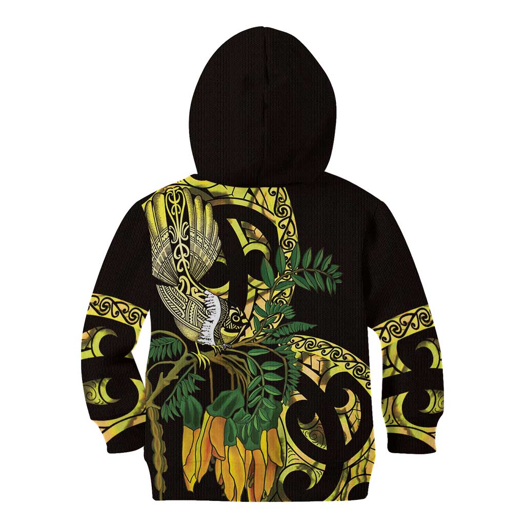 Yellow New Zealand Kowhai And Piwakawaka Kid Hoodie Maori Ngaru Paua Shell