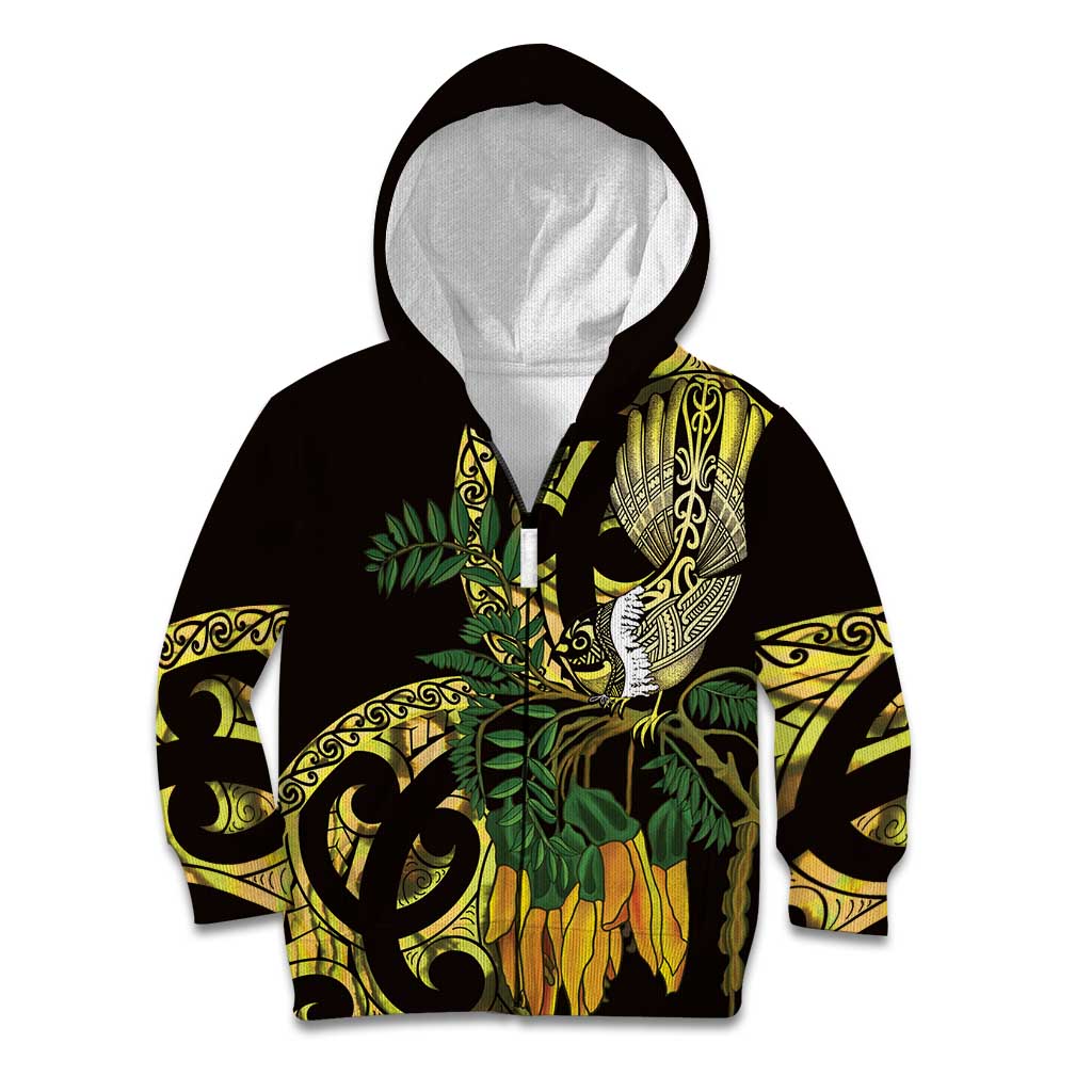 Yellow New Zealand Kowhai And Piwakawaka Kid Hoodie Maori Ngaru Paua Shell
