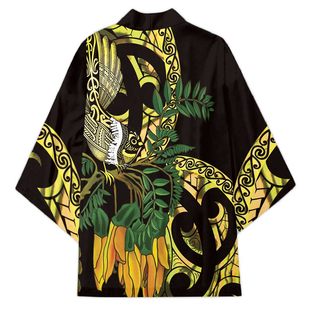 Yellow New Zealand Kowhai And Piwakawaka Kimono Maori Ngaru Paua Shell - Polynesian Pride