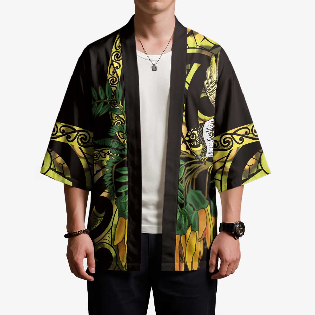 Yellow New Zealand Kowhai And Piwakawaka Kimono Maori Ngaru Paua Shell - Polynesian Pride