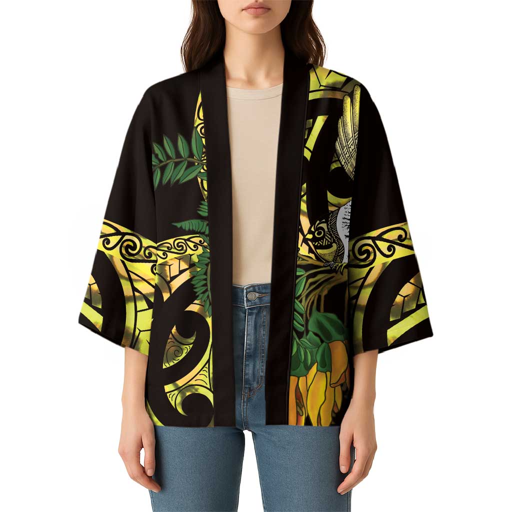 Yellow New Zealand Kowhai And Piwakawaka Kimono Maori Ngaru Paua Shell - Polynesian Pride