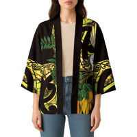 Yellow New Zealand Kowhai And Piwakawaka Kimono Maori Ngaru Paua Shell - Polynesian Pride