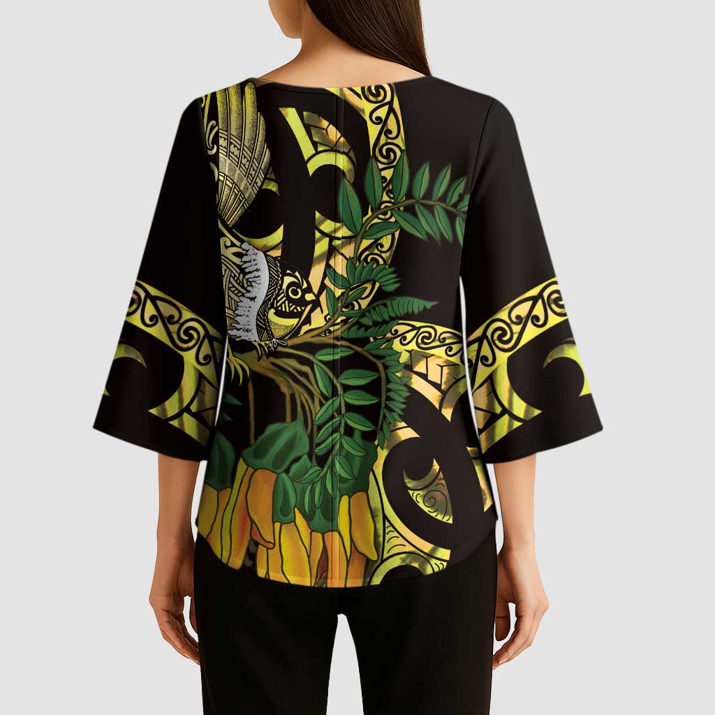 Yellow New Zealand Kowhai And Piwakawaka Kimono Sleeve Blouse Maori Ngaru Paua Shell - Polynesian Pride