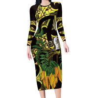 Yellow New Zealand Kowhai And Piwakawaka Long Sleeve Bodycon Dress Maori Ngaru Paua Shell LT14 Long Dress Yellow - Polynesian Pride
