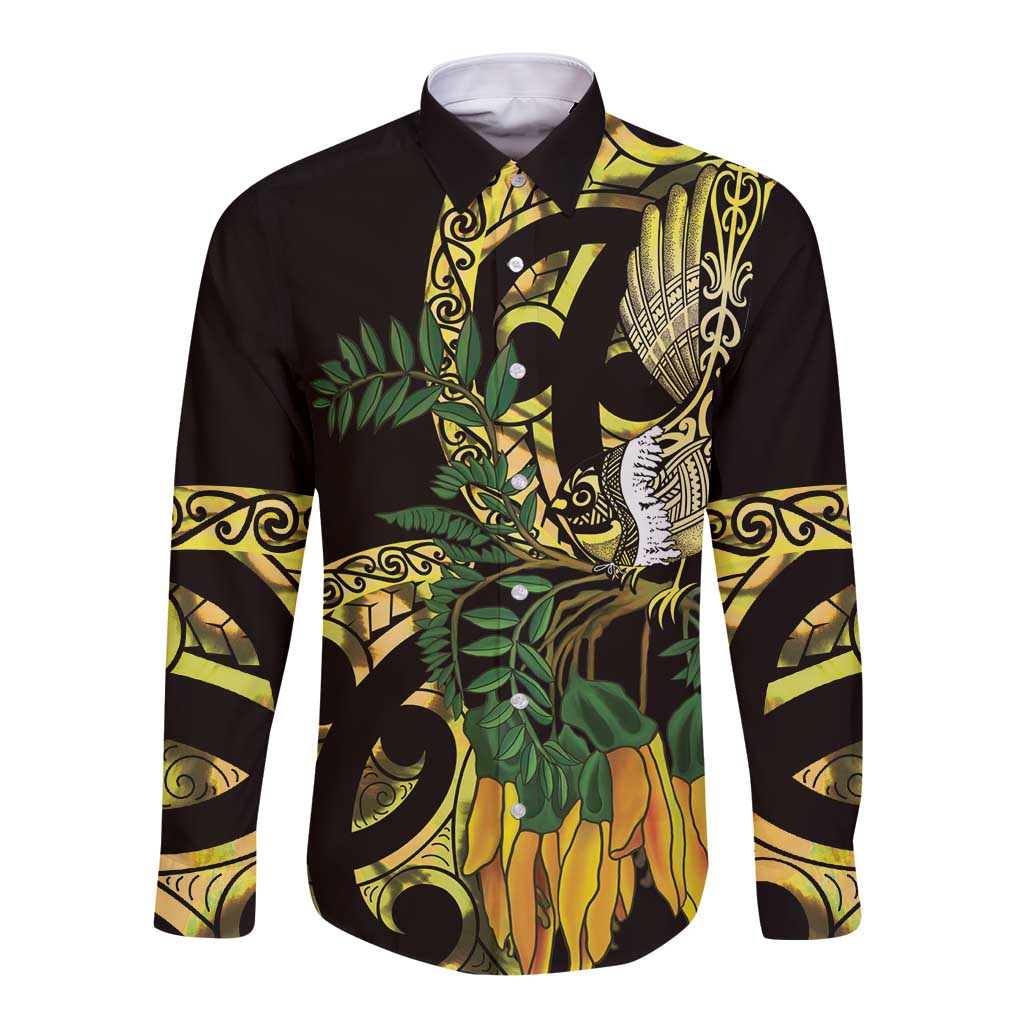 Yellow New Zealand Kowhai And Piwakawaka Long Sleeve Button Shirt Maori Ngaru Paua Shell LT14 Unisex Yellow - Polynesian Pride