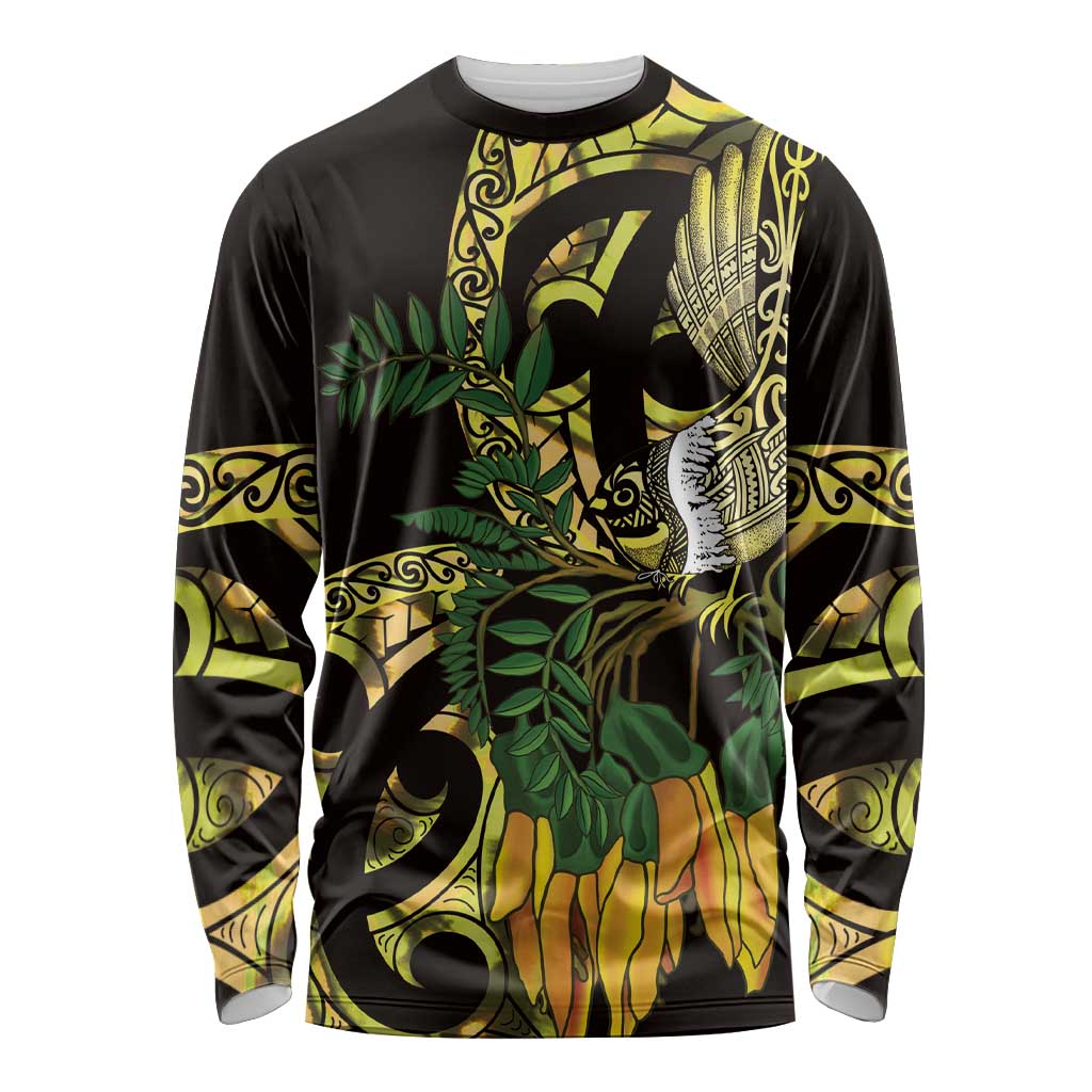 Yellow New Zealand Kowhai And Piwakawaka Long Sleeve Shirt Maori Ngaru Paua Shell LT14 Unisex Yellow - Polynesian Pride