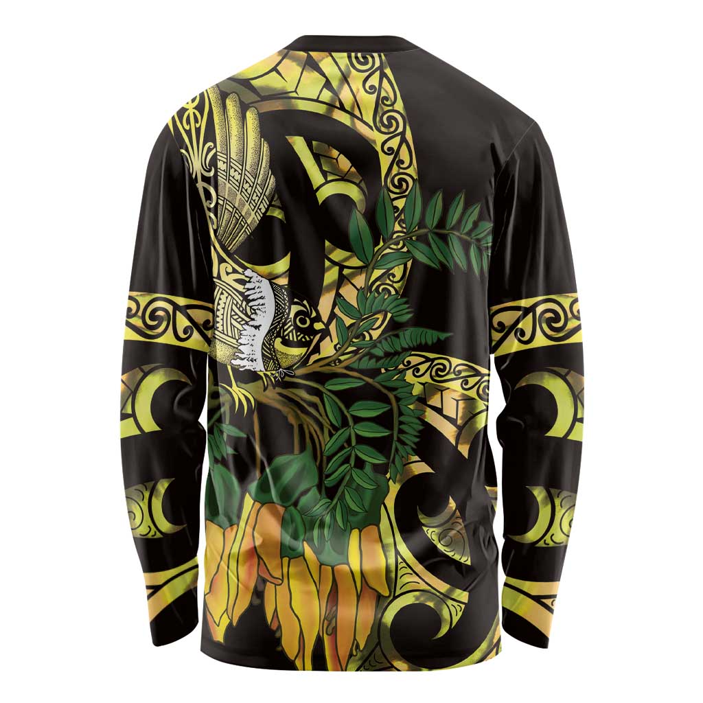 Yellow New Zealand Kowhai And Piwakawaka Long Sleeve Shirt Maori Ngaru Paua Shell LT14 - Polynesian Pride