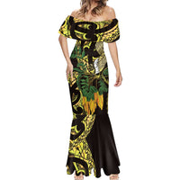 Yellow New Zealand Kowhai And Piwakawaka Mermaid Dress Maori Ngaru Paua Shell LT14 - Polynesian Pride