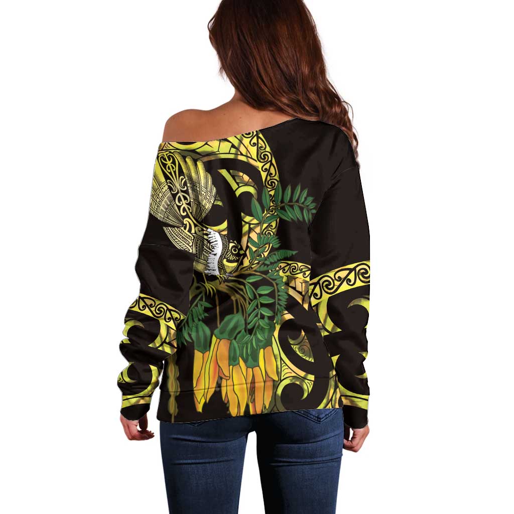Yellow New Zealand Kowhai And Piwakawaka Off Shoulder Sweater Maori Ngaru Paua Shell LT14 - Polynesian Pride