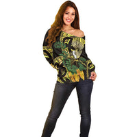 Yellow New Zealand Kowhai And Piwakawaka Off Shoulder Sweater Maori Ngaru Paua Shell LT14 - Polynesian Pride