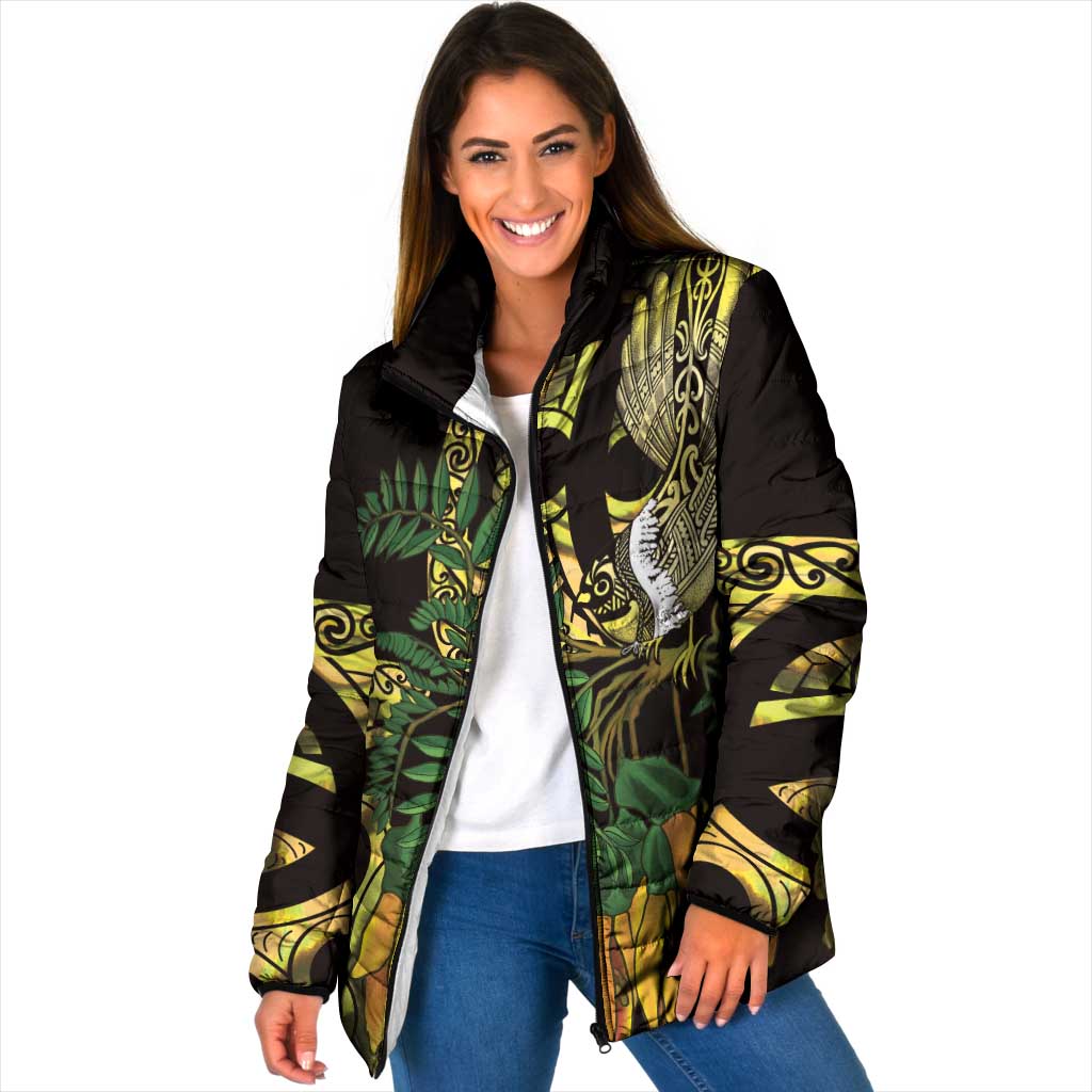 Yellow New Zealand Kowhai And Piwakawaka Padded Jacket Maori Ngaru Paua Shell - Polynesian Pride