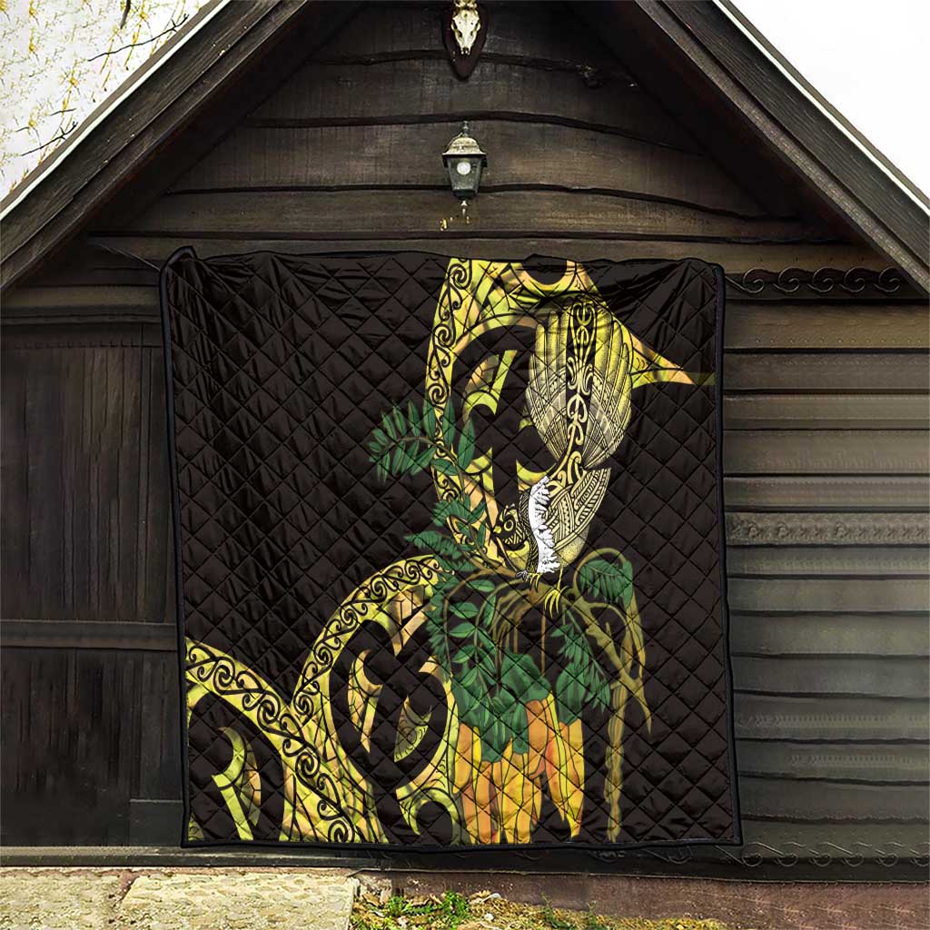 Yellow New Zealand Kowhai And Piwakawaka Quilt Maori Ngaru Paua Shell LT14 - Polynesian Pride