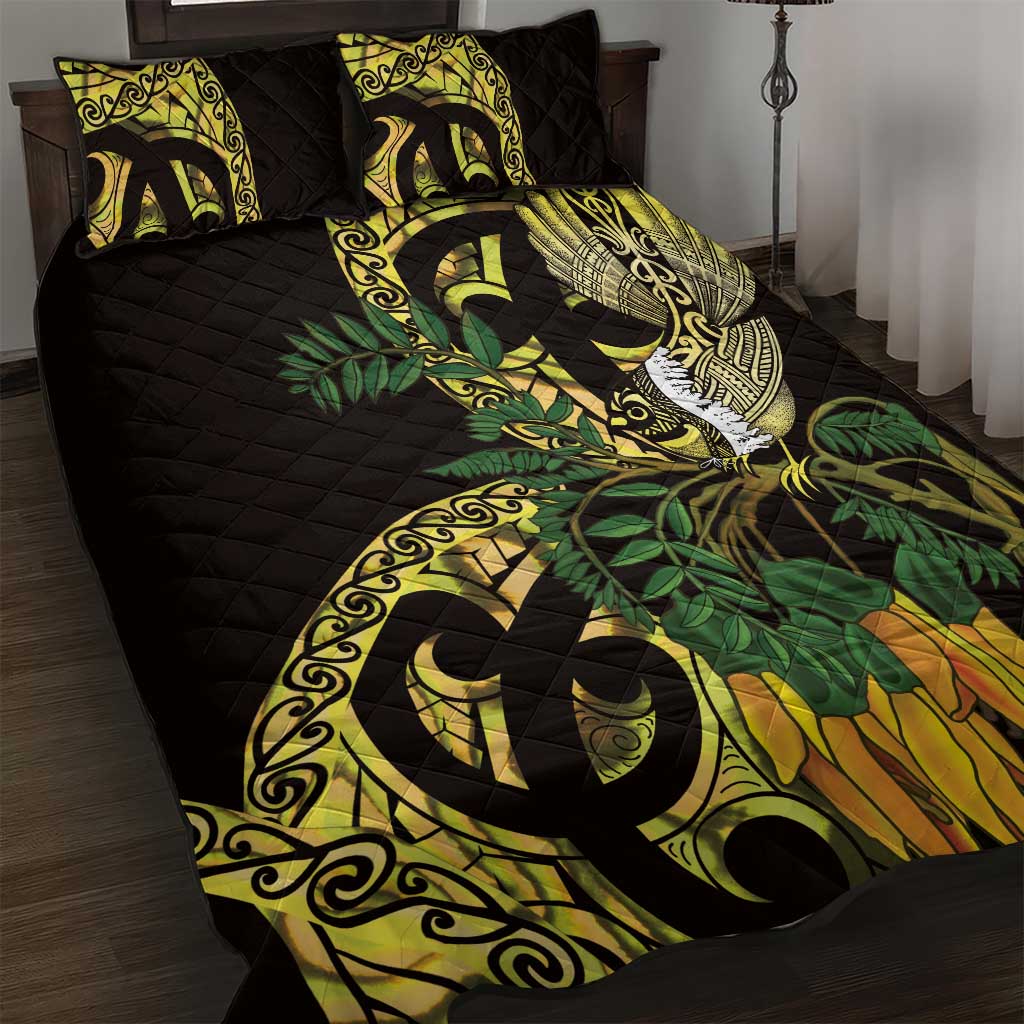 Yellow New Zealand Kowhai And Piwakawaka Quilt Bed Set Maori Ngaru Paua Shell LT14 Yellow - Polynesian Pride