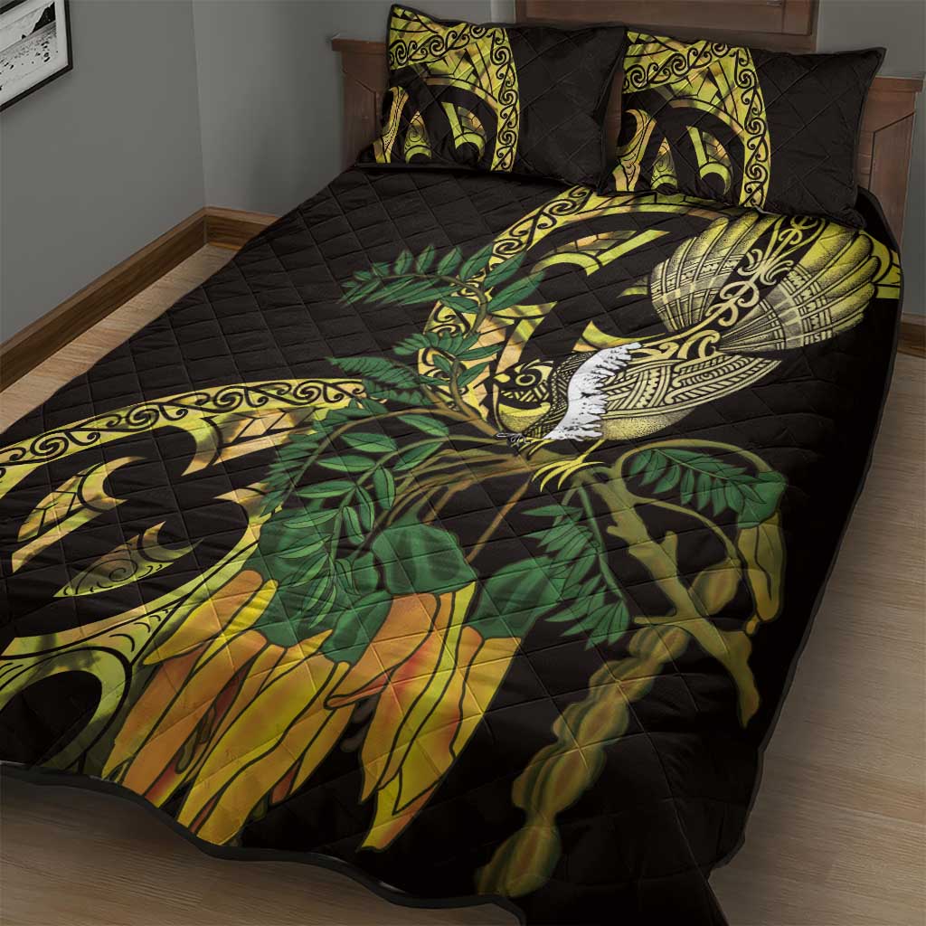 Yellow New Zealand Kowhai And Piwakawaka Quilt Bed Set Maori Ngaru Paua Shell LT14 - Polynesian Pride