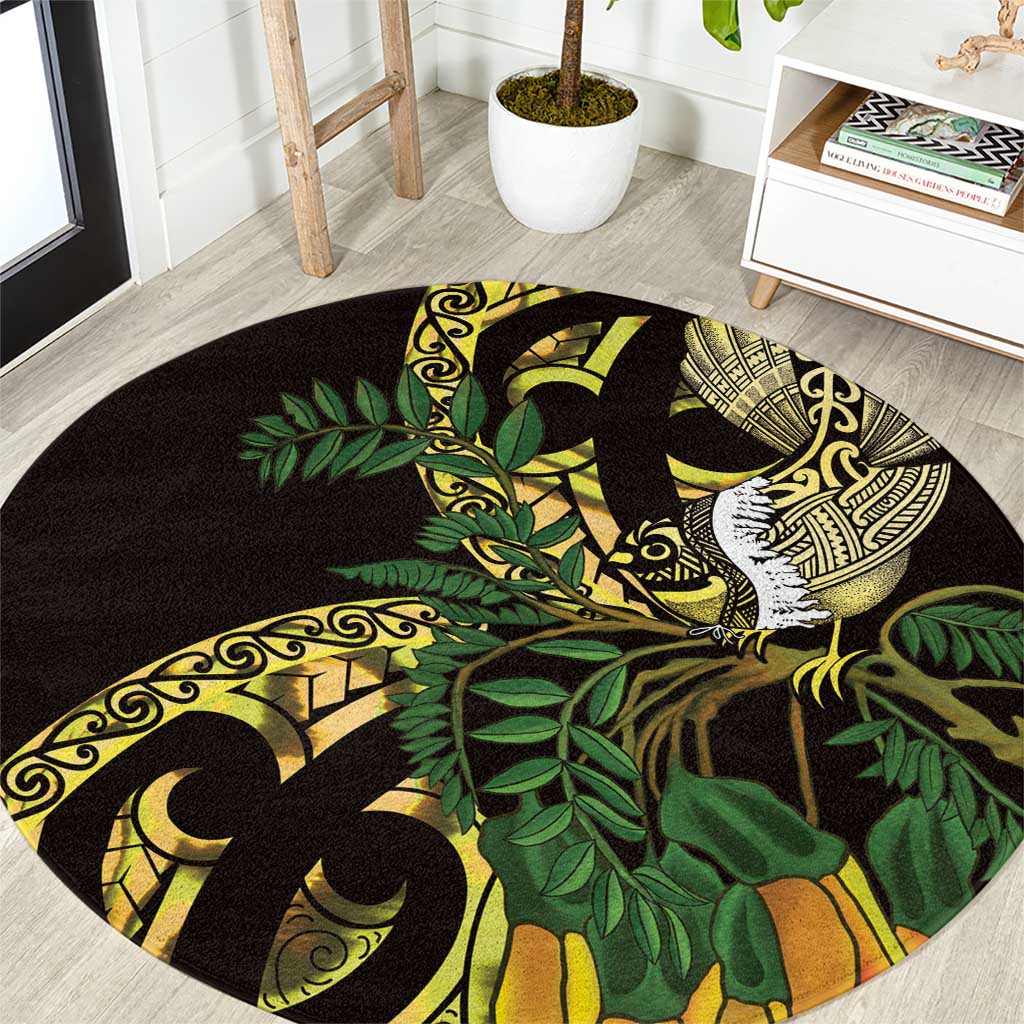 Yellow New Zealand Kowhai And Piwakawaka Round Carpet Maori Ngaru Paua Shell LT14 Yellow - Polynesian Pride