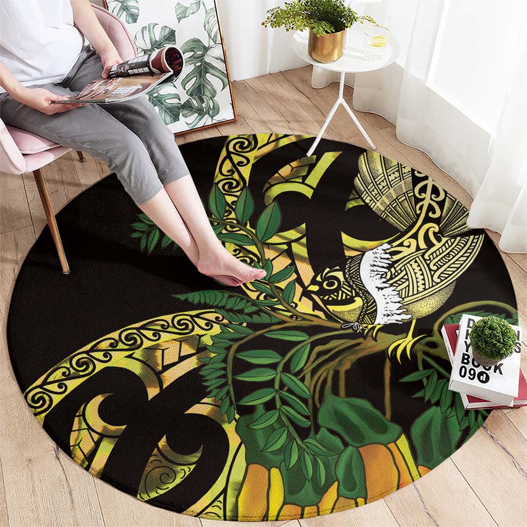 Yellow New Zealand Kowhai And Piwakawaka Round Carpet Maori Ngaru Paua Shell LT14 - Polynesian Pride