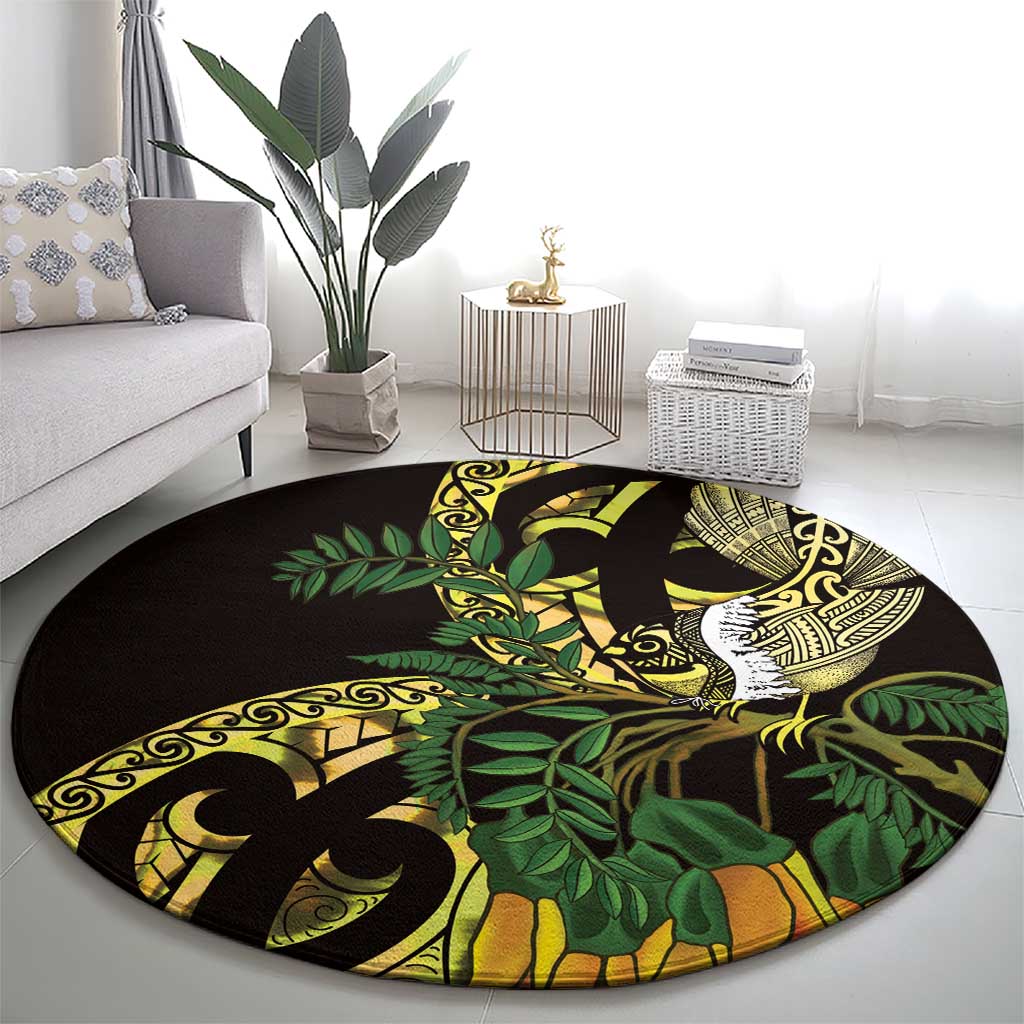 Yellow New Zealand Kowhai And Piwakawaka Round Carpet Maori Ngaru Paua Shell LT14 - Polynesian Pride