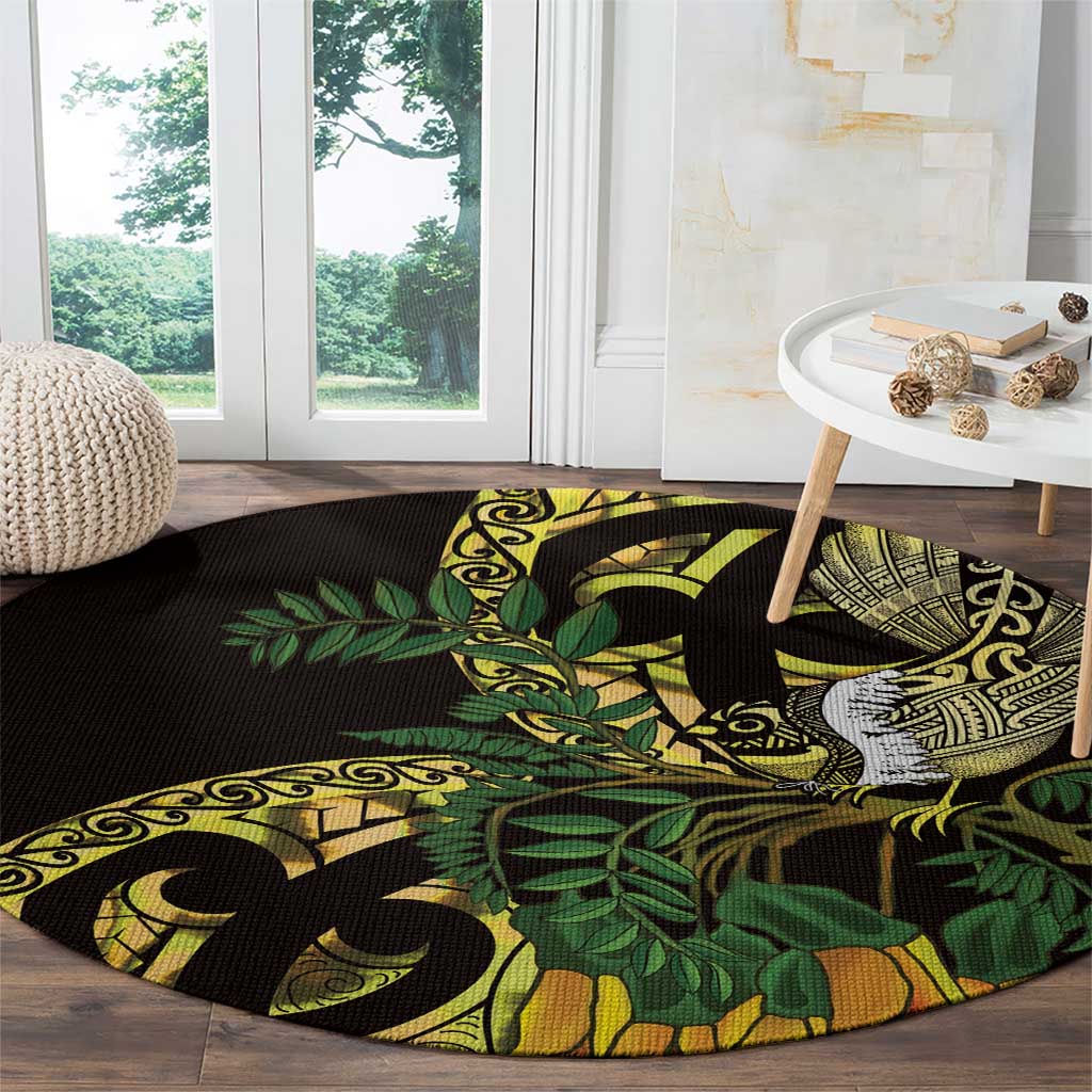 Yellow New Zealand Kowhai And Piwakawaka Round Carpet Maori Ngaru Paua Shell LT14 - Polynesian Pride