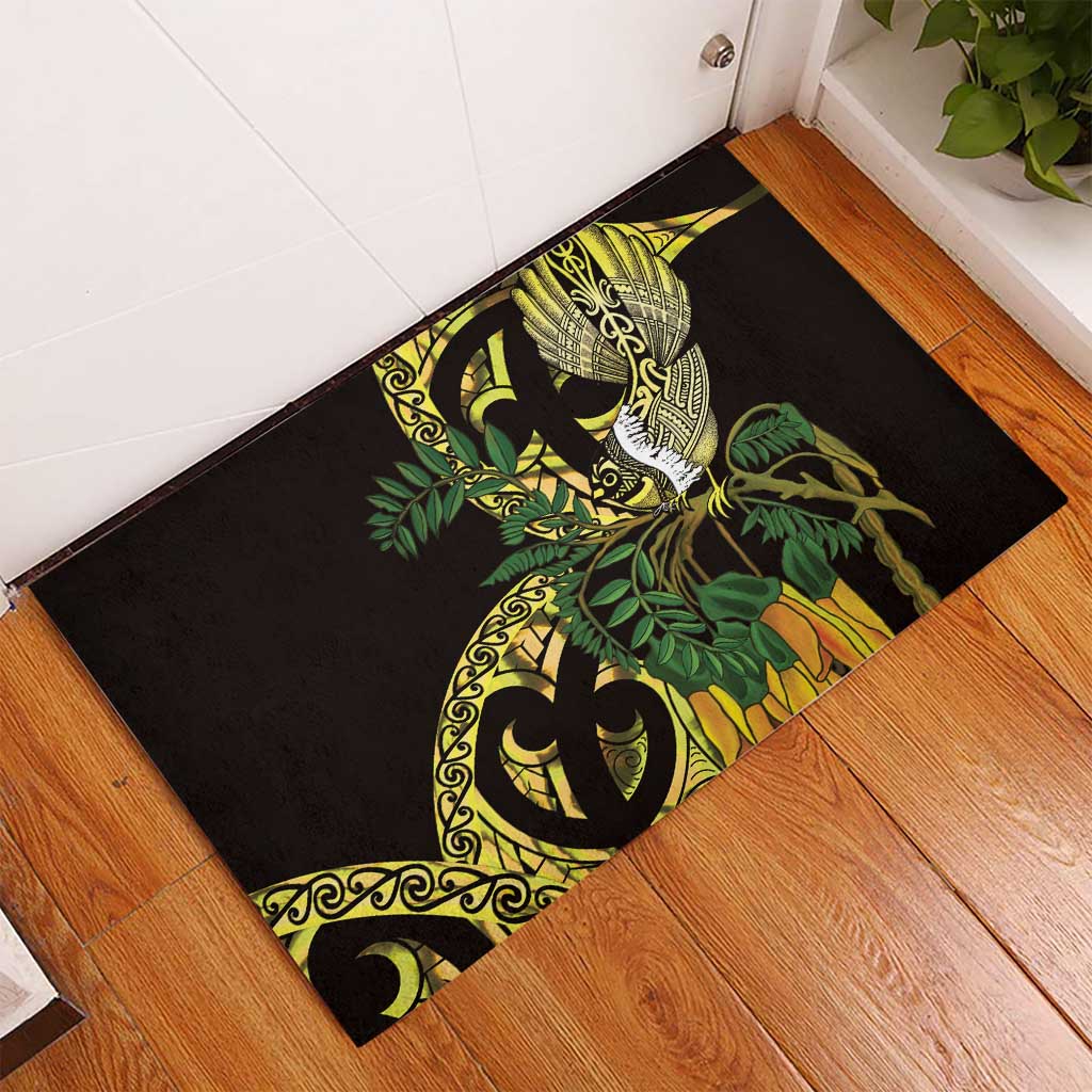 Yellow New Zealand Kowhai And Piwakawaka Rubber Doormat Maori Ngaru Paua Shell LT14 - Polynesian Pride