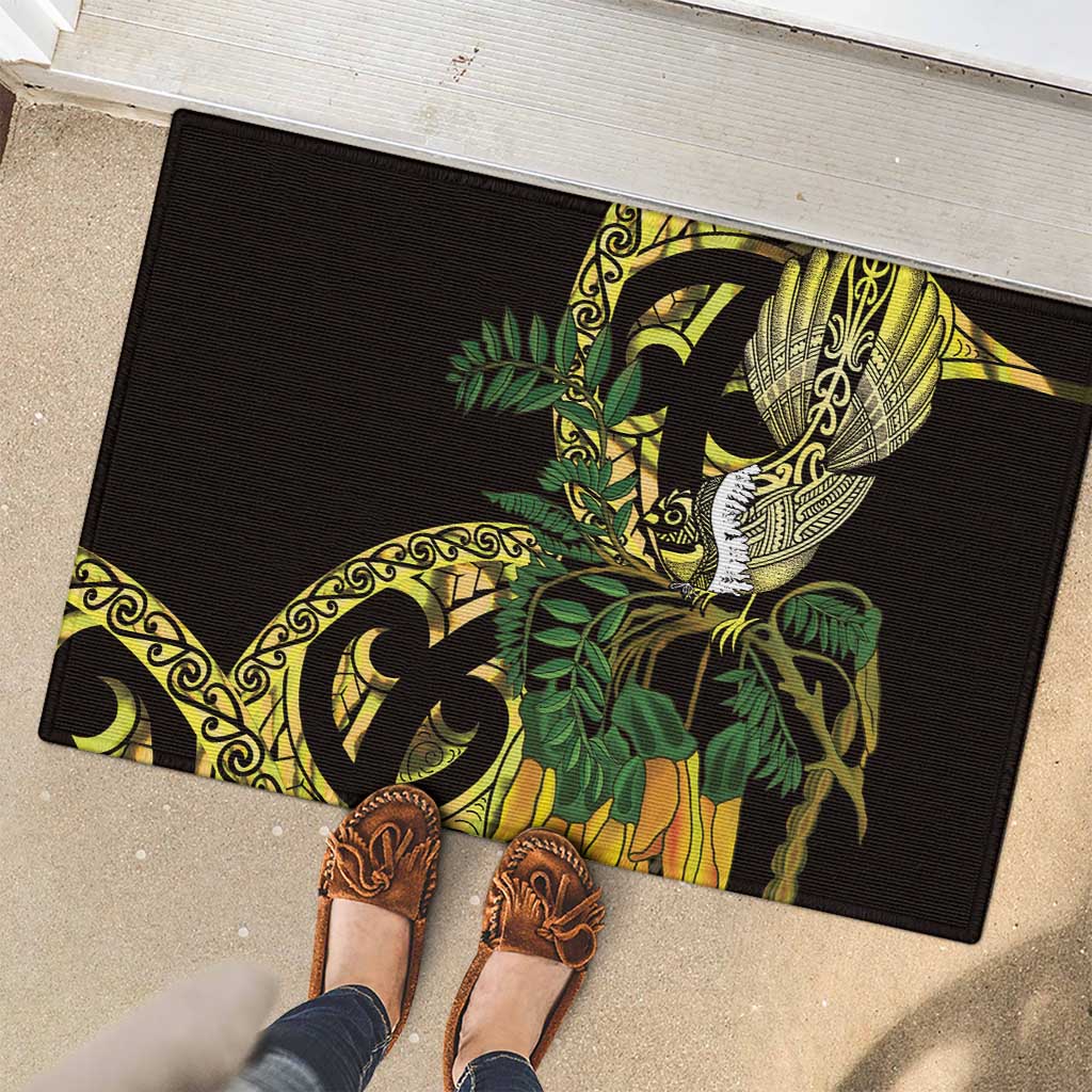 Yellow New Zealand Kowhai And Piwakawaka Rubber Doormat Maori Ngaru Paua Shell LT14 - Polynesian Pride