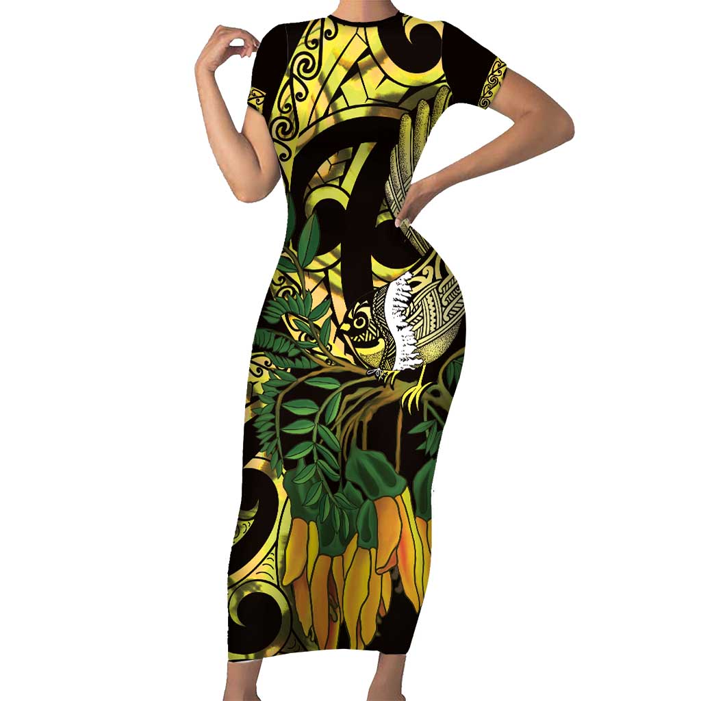Yellow New Zealand Kowhai And Piwakawaka Short Sleeve Bodycon Dress Maori Ngaru Paua Shell LT14 Long Dress Yellow - Polynesian Pride
