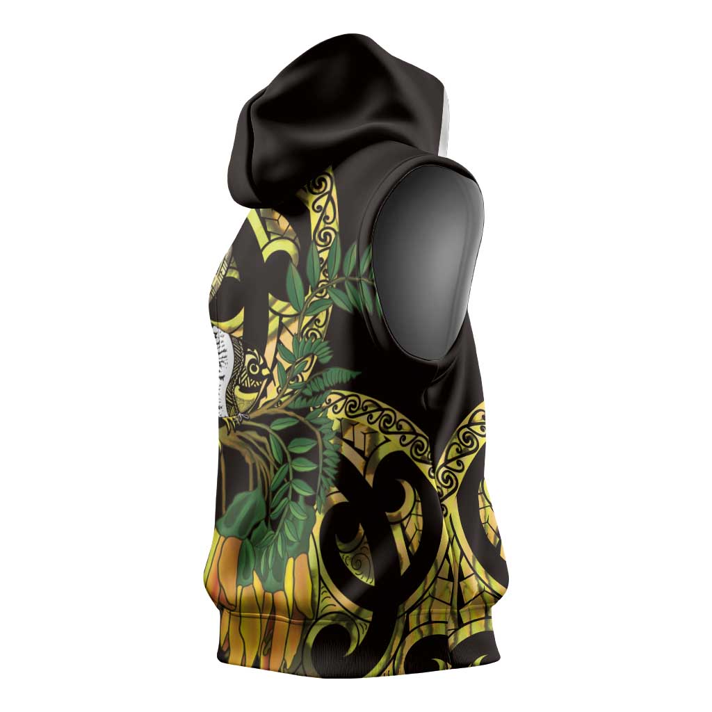 Yellow New Zealand Kowhai And Piwakawaka Sleeveless Hoodie Maori Ngaru Paua Shell - Polynesian Pride