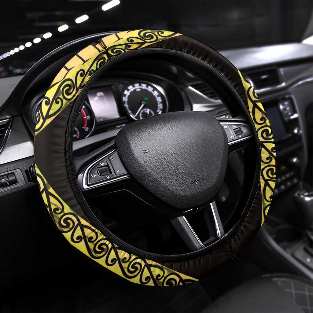 Yellow New Zealand Kowhai And Piwakawaka Steering Wheel Cover Maori Ngaru Paua Shell