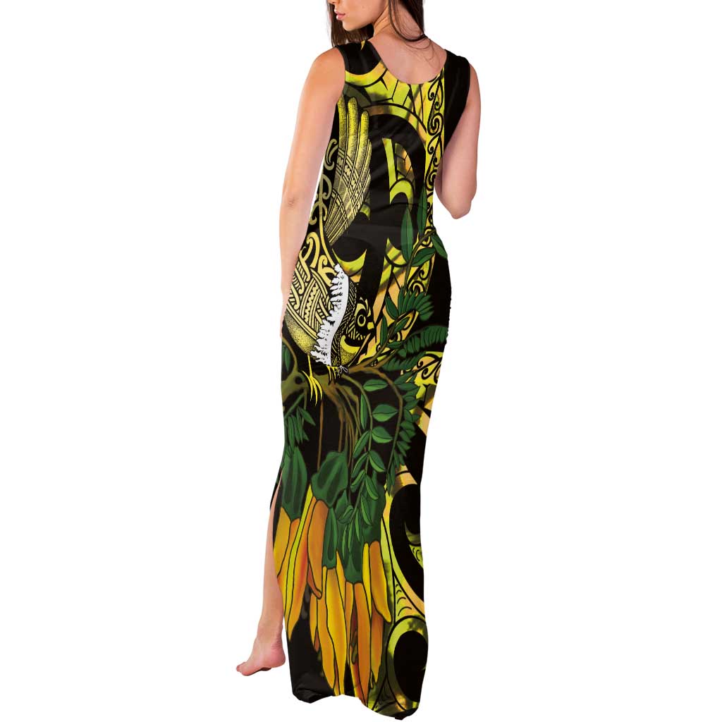 Yellow New Zealand Kowhai And Piwakawaka Tank Maxi Dress Maori Ngaru Paua Shell