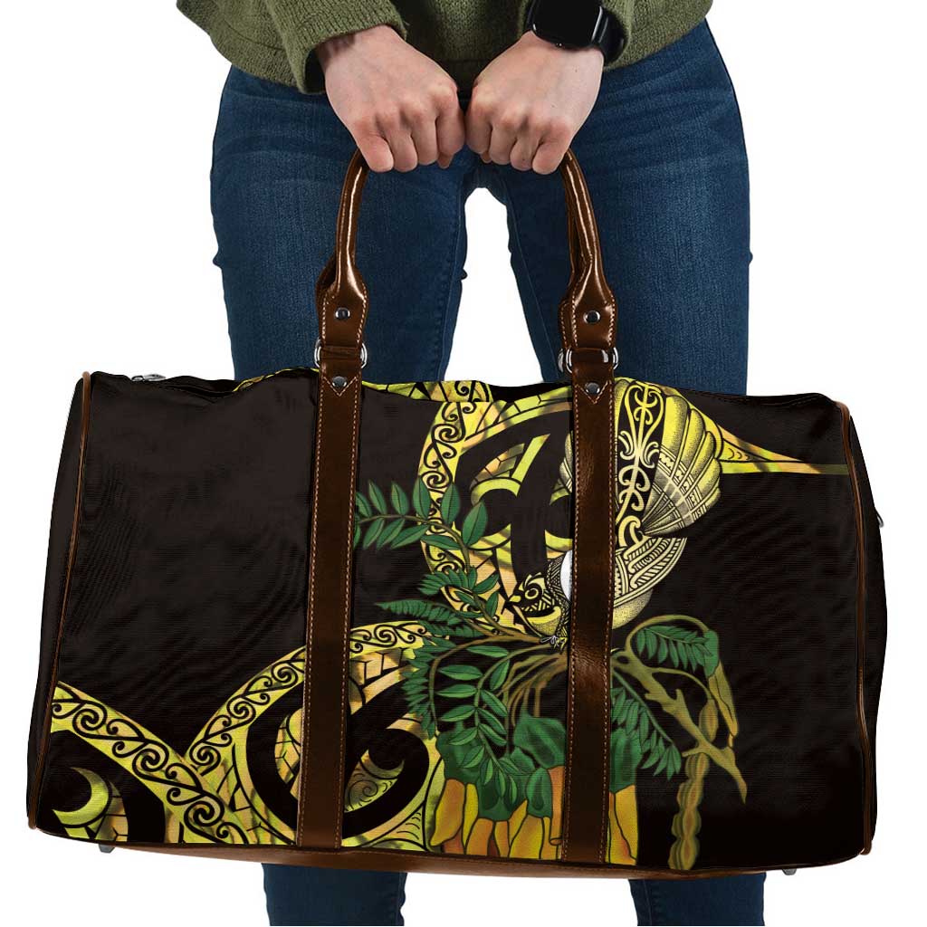 Yellow New Zealand Kowhai And Piwakawaka Travel Bag Maori Ngaru Paua Shell - Polynesian Pride