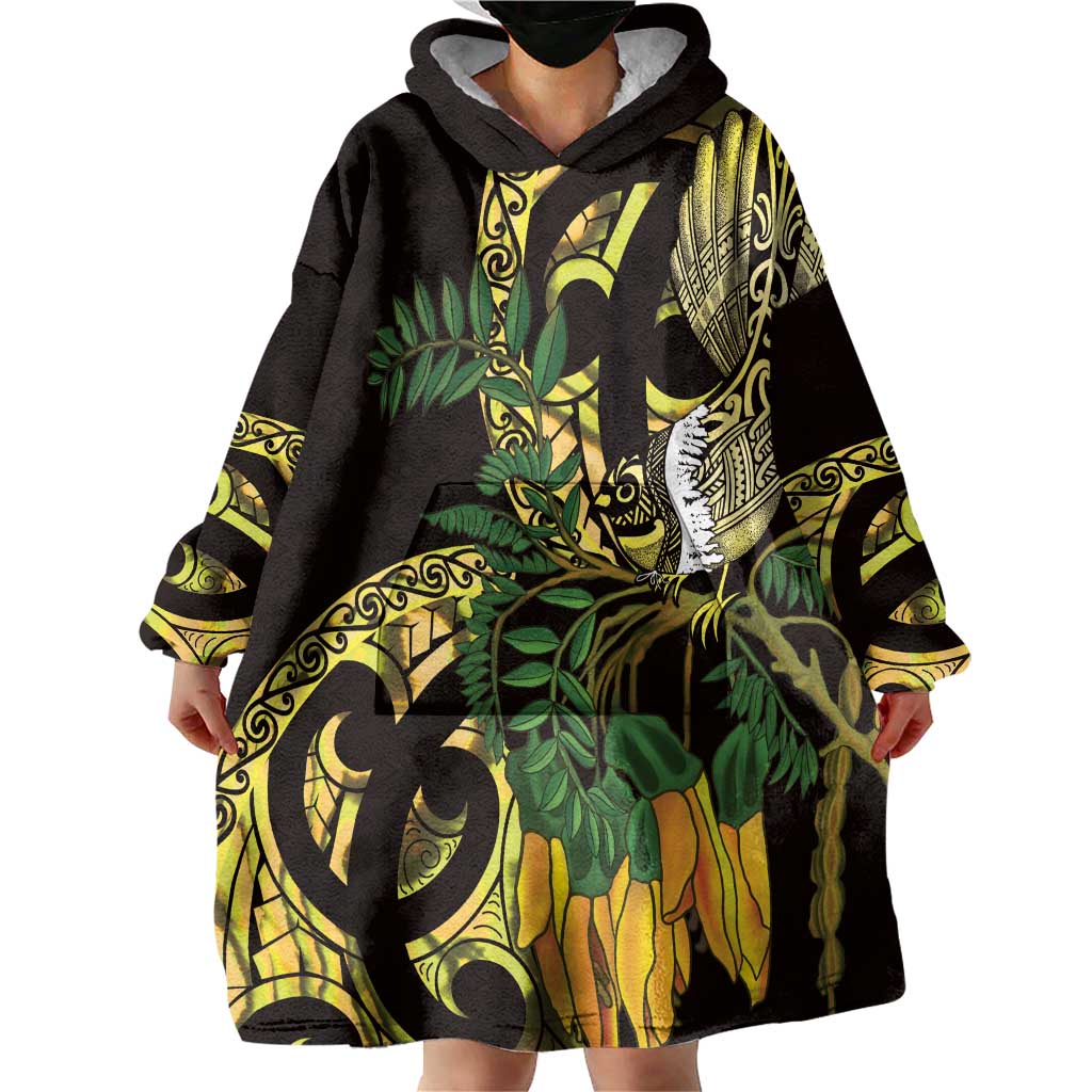 Yellow New Zealand Kowhai And Piwakawaka Wearable Blanket Hoodie Maori Ngaru Paua Shell