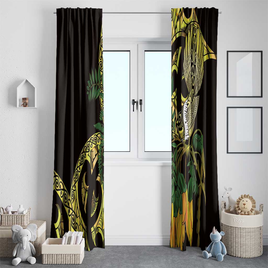 Yellow New Zealand Kowhai And Piwakawaka Window Curtain Maori Ngaru Paua Shell