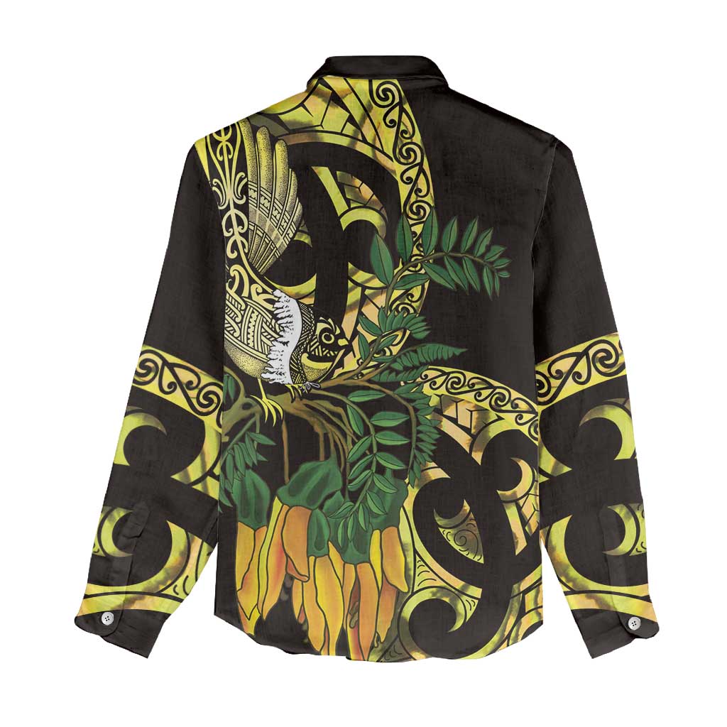 Yellow New Zealand Kowhai And Piwakawaka Women Casual Shirt Maori Ngaru Paua Shell
