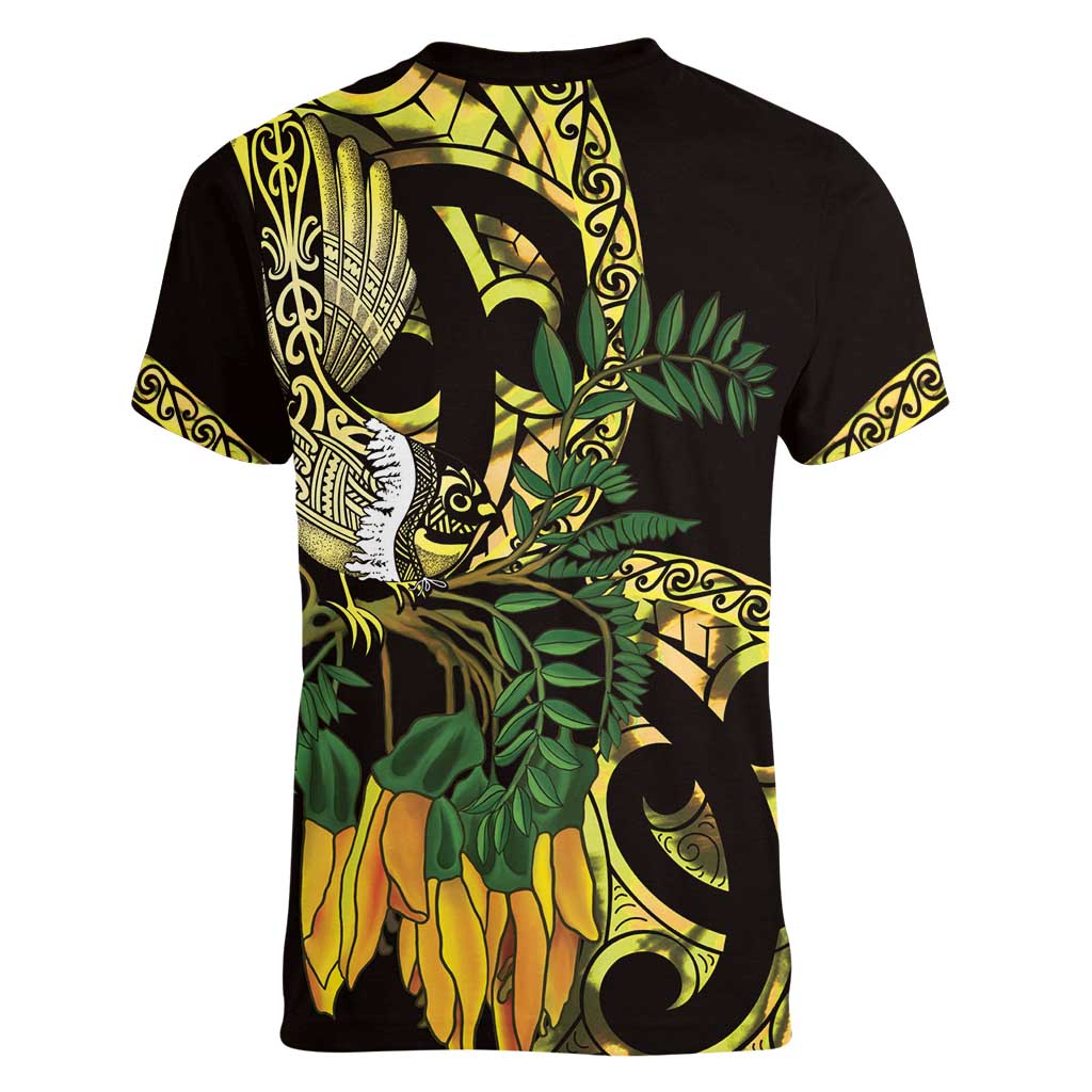 Yellow New Zealand Kowhai And Piwakawaka Women V-Neck T-Shirt Maori Ngaru Paua Shell LT14 - Polynesian Pride