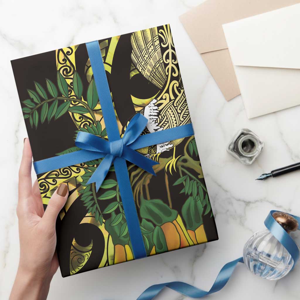 Yellow New Zealand Kowhai And Piwakawaka Wrapping Paper Maori Ngaru Paua Shell - Polynesian Pride