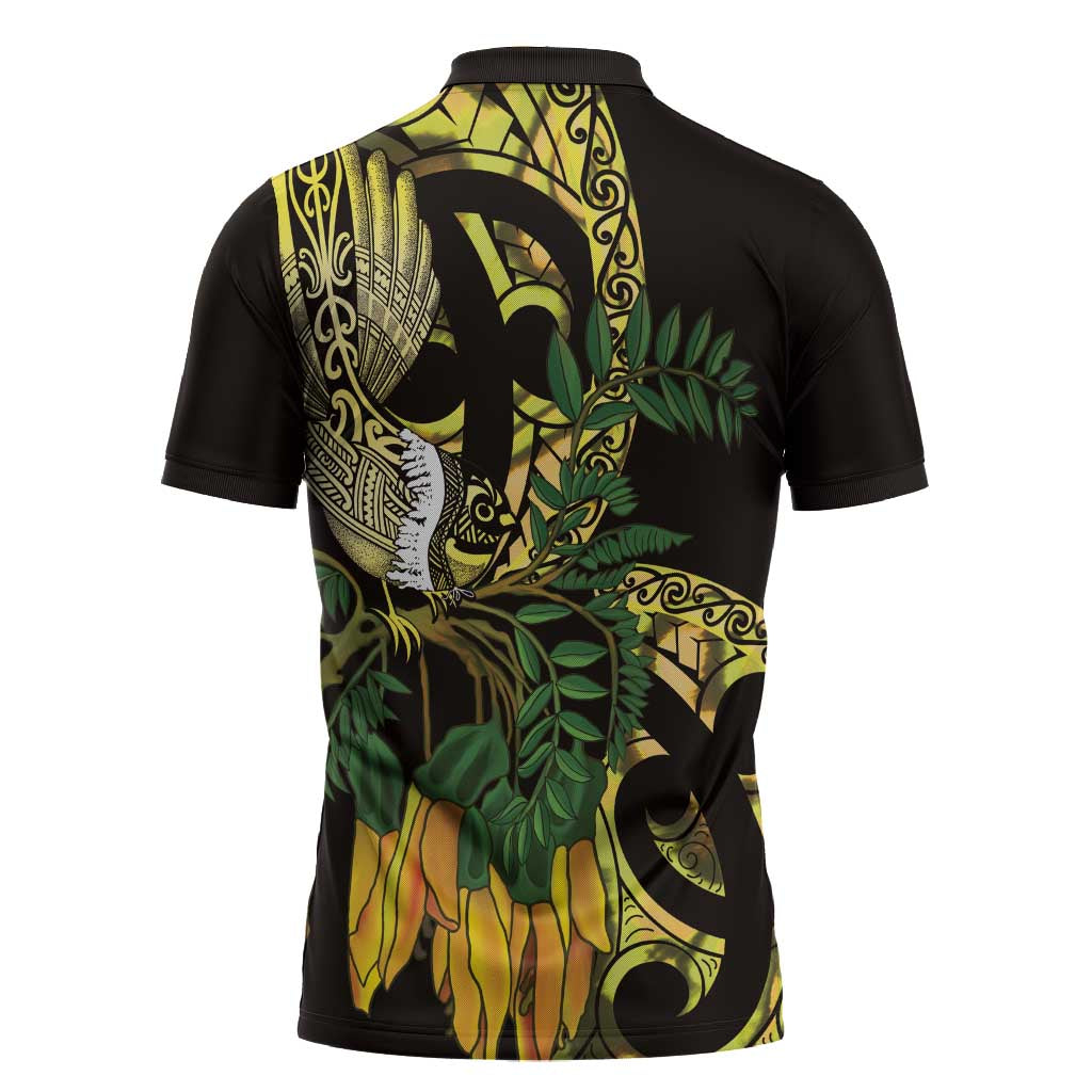 Yellow New Zealand Kowhai And Piwakawaka Zipper Polo Shirt Maori Ngaru Paua Shell - Polynesian Pride