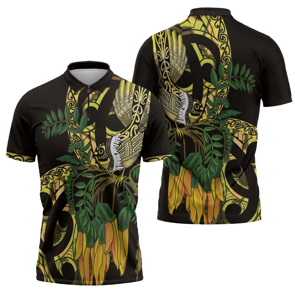 Yellow New Zealand Kowhai And Piwakawaka Zipper Polo Shirt Maori Ngaru Paua Shell - Polynesian Pride