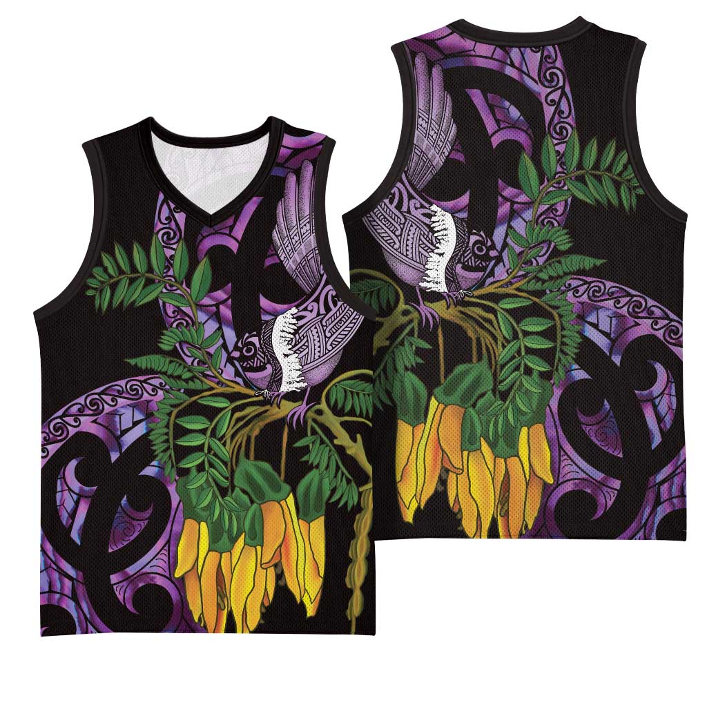 Purple New Zealand Kowhai And Piwakawaka Basketball Jersey Maori Ngaru Paua Shell - Polynesian Pride