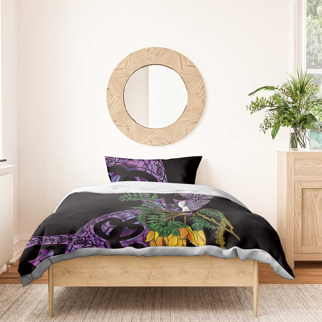 Purple New Zealand Kowhai And Piwakawaka Bedding Set Maori Ngaru Paua Shell