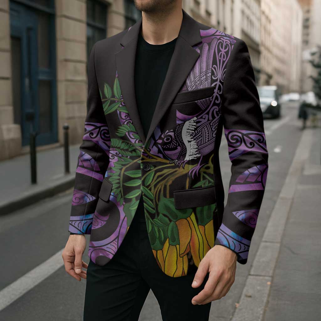 Purple New Zealand Kowhai And Piwakawaka Blazer Maori Ngaru Paua Shell - Polynesian Pride