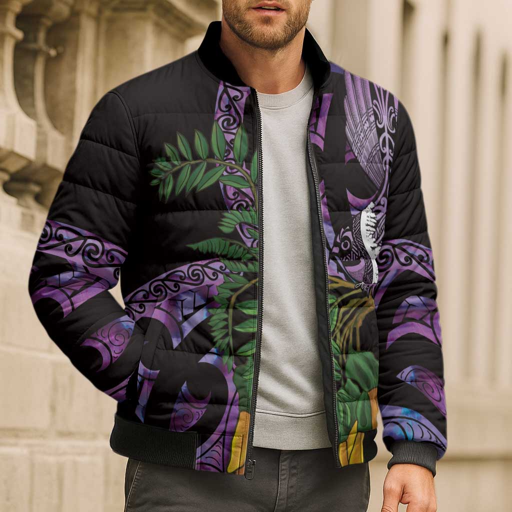 Purple New Zealand Kowhai And Piwakawaka Bomber Puffer Jacket Maori Ngaru Paua Shell - Polynesian Pride
