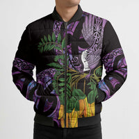 Purple New Zealand Kowhai And Piwakawaka Bomber Puffer Jacket Maori Ngaru Paua Shell - Polynesian Pride