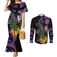 Purple New Zealand Kowhai And Piwakawaka Couples Matching Mermaid Dress and Long Sleeve Button Shirt Maori Ngaru Paua Shell LT14 Purple - Polynesian Pride