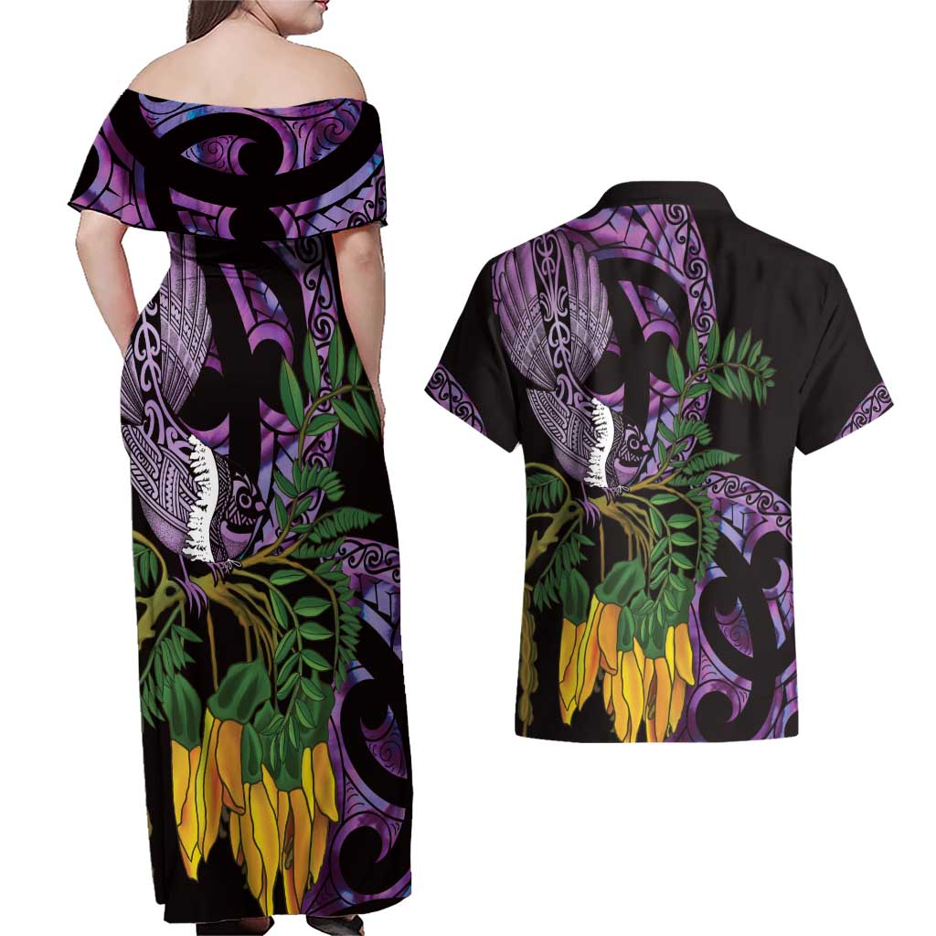Purple New Zealand Kowhai And Piwakawaka Couples Matching Off Shoulder Maxi Dress and Hawaiian Shirt Maori Ngaru Paua Shell