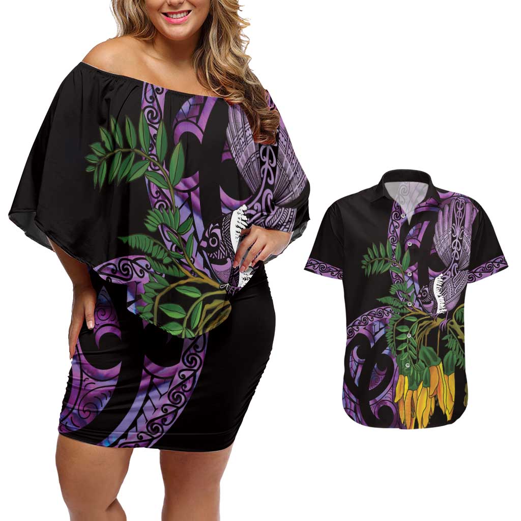 Purple New Zealand Kowhai And Piwakawaka Couples Matching Off Shoulder Short Dress and Hawaiian Shirt Maori Ngaru Paua Shell