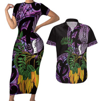 Purple New Zealand Kowhai And Piwakawaka Couples Matching Short Sleeve Bodycon Dress and Hawaiian Shirt Maori Ngaru Paua Shell