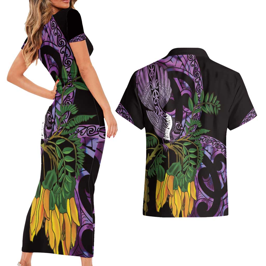 Purple New Zealand Kowhai And Piwakawaka Couples Matching Short Sleeve Bodycon Dress and Hawaiian Shirt Maori Ngaru Paua Shell
