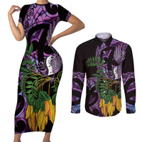 Purple New Zealand Kowhai And Piwakawaka Couples Matching Short Sleeve Bodycon Dress and Long Sleeve Button Shirt Maori Ngaru Paua Shell LT14 Purple - Polynesian Pride